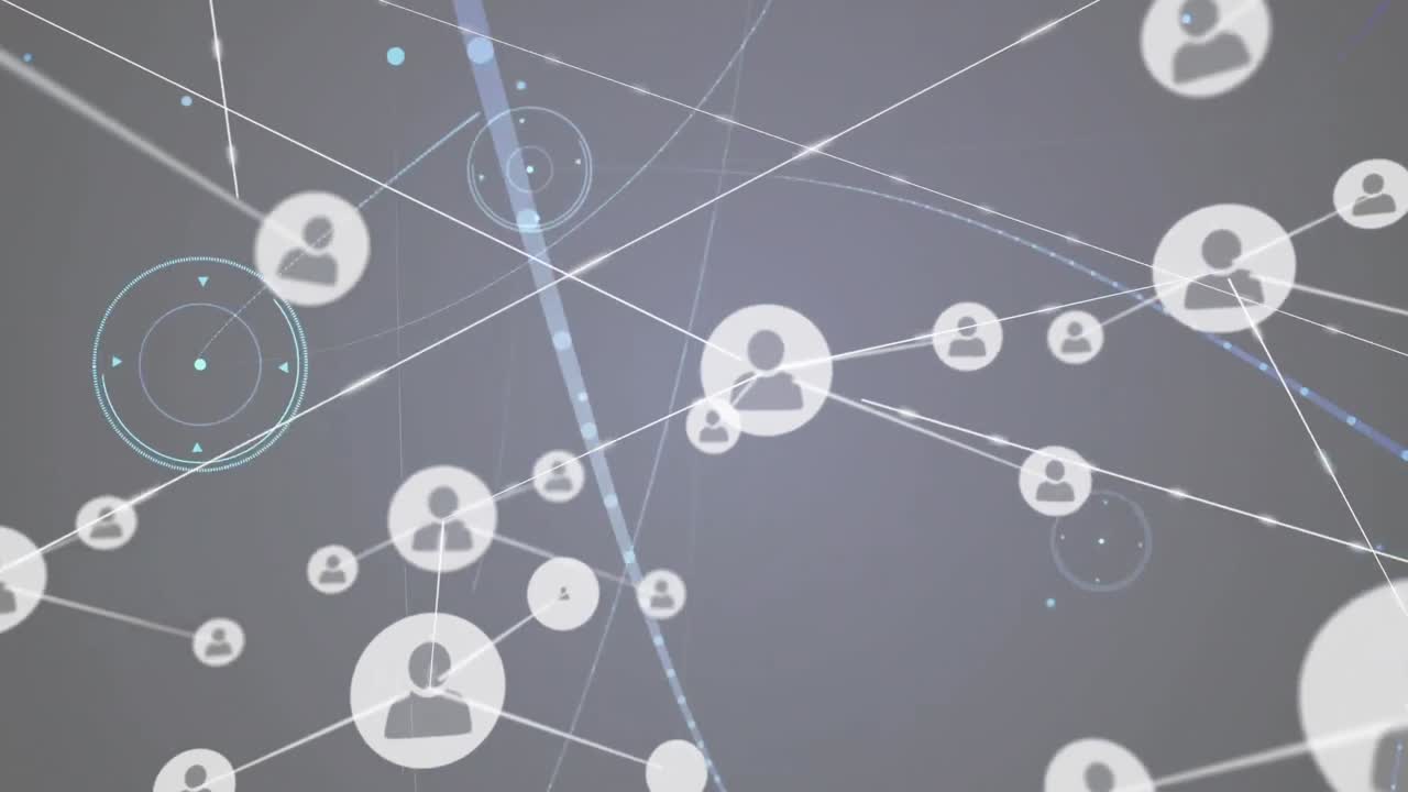 animación de datos y red de conexiones con iconos sobre fondo oscuro