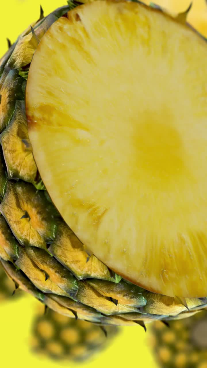 Close-up of a Rotating Pineapple Slice on Yellow Background