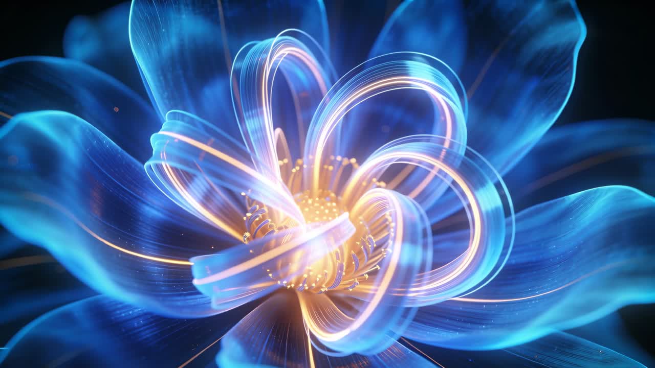 Inizio riproduzione, un fiore luminoso si schiude in un vuoto oscuro, nastri che si avvolgono, nucleo pulsante per il design.