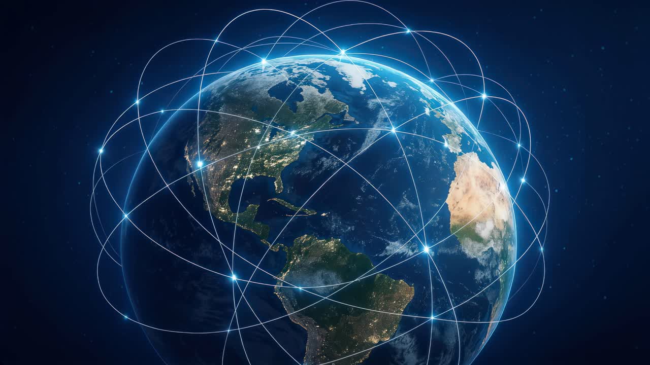 Aerial view of Earth with glowing network lines, illustrating global connectivity