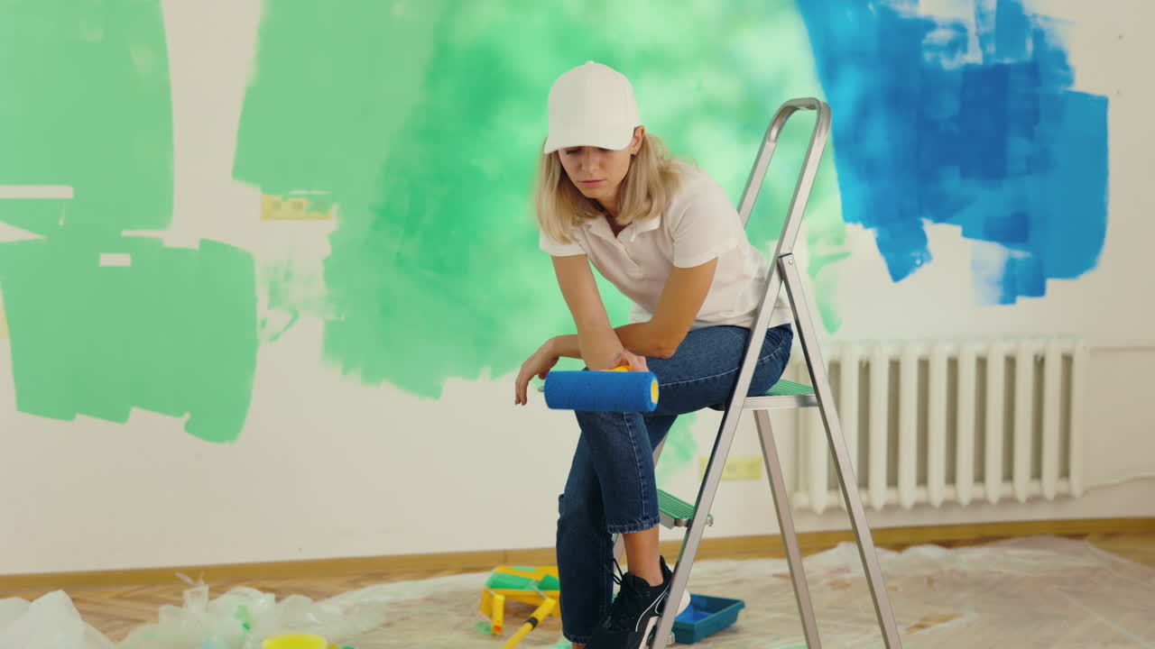 una mujer pintando una habitación.