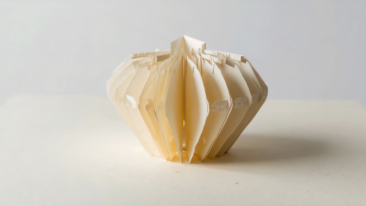 Expanding folded cream paper form fanning panels outward on table, showing adhesive tabs, no cause