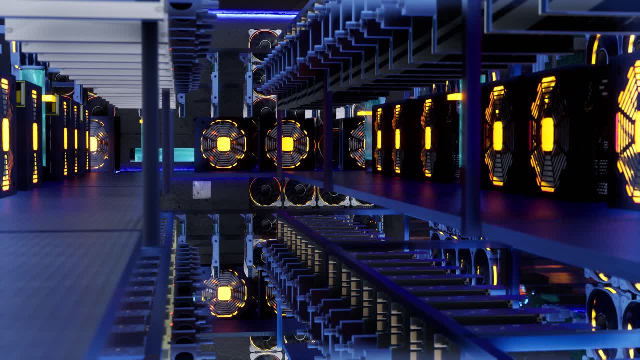 3D animation of mining equipment on stand racks mine cryptocurrency in steel container. Blockchain technology application specific integrated circuit datacenter. Server room lights.