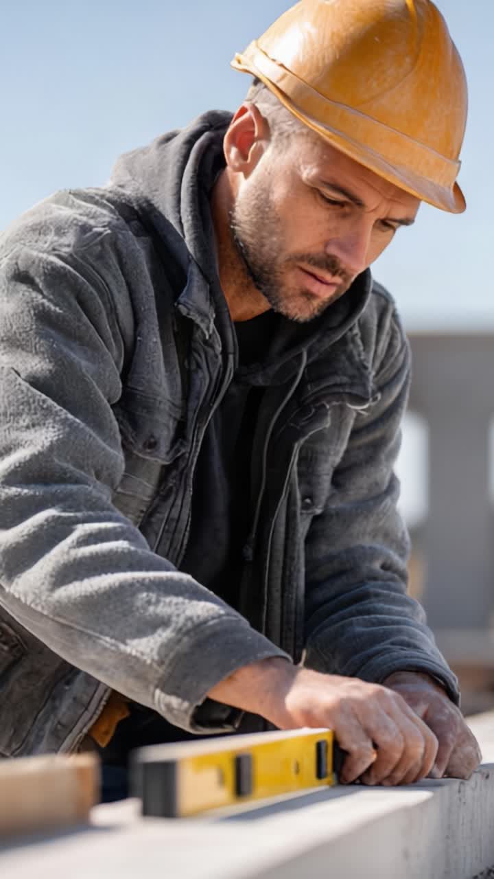 Focused Construction Worker Wearing Safety Helmet Engaged in Leveling Tasks on a Building Site, Demonstrating Precision and Skillful Craftsmanship