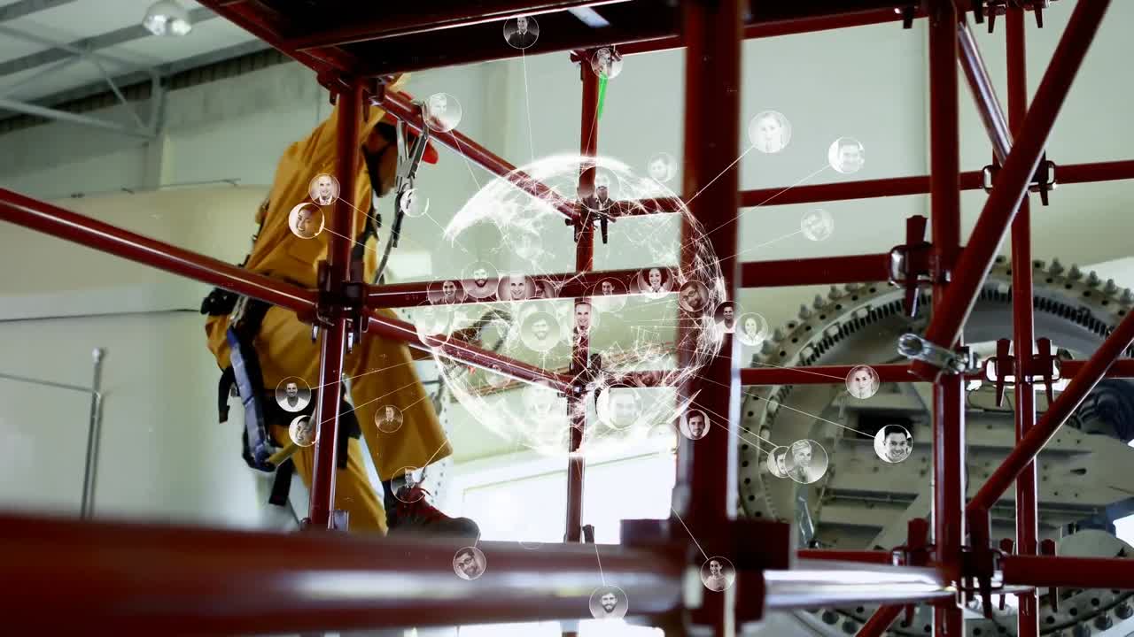 백인 남성 노동자 위에 사람들의 아이콘과 함께 지구촌의 애니메이션