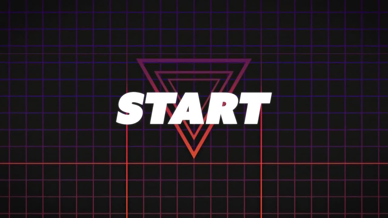 animación digital del texto de inicio contra la red de cuadrícula y la forma de triángulo sobre fondo negro