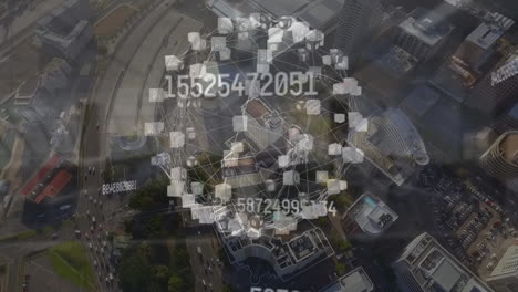 multiple increasing numbers over globe of network of connections against aerial view of cityscape