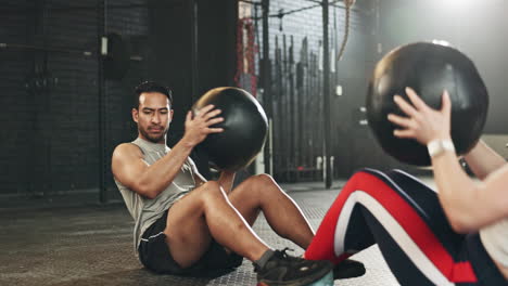 gym floor, man and woman with ball for strong