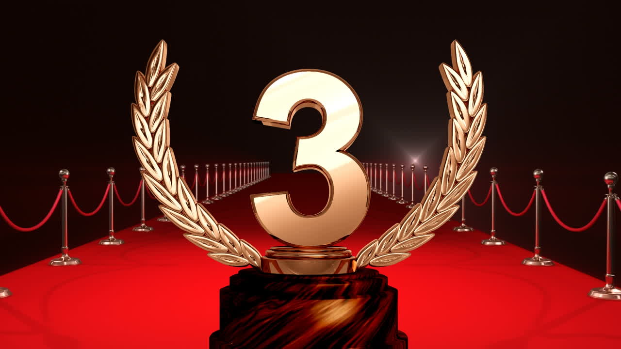 Animation of third place award trophy at winners' red carpet prize giving ceremony