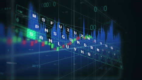 financial data and coding animation over fluctuating stock market graph