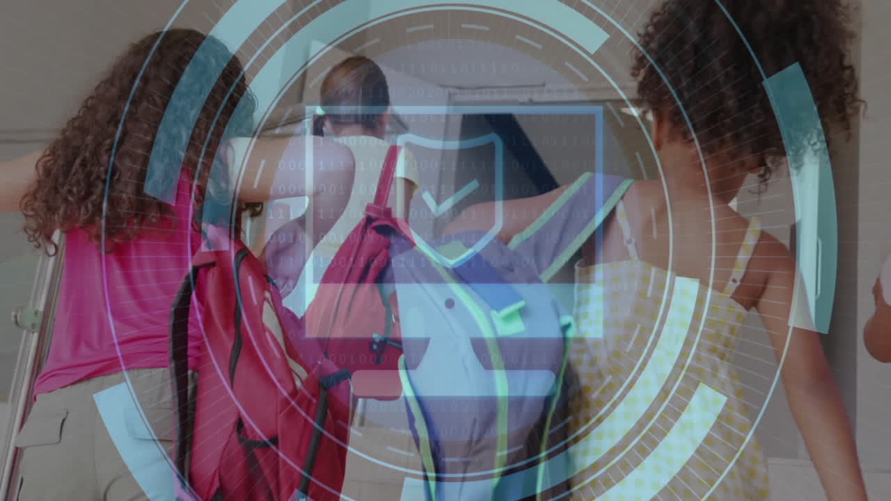 Students linking arms walking down education hallway with backpacks, showing animated shield icon