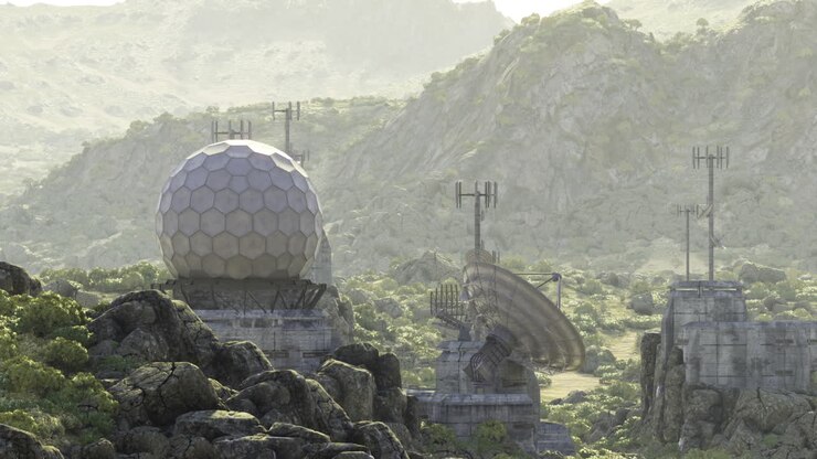Strategic telecom hub situated over rugged mountainous landscape at dawn
