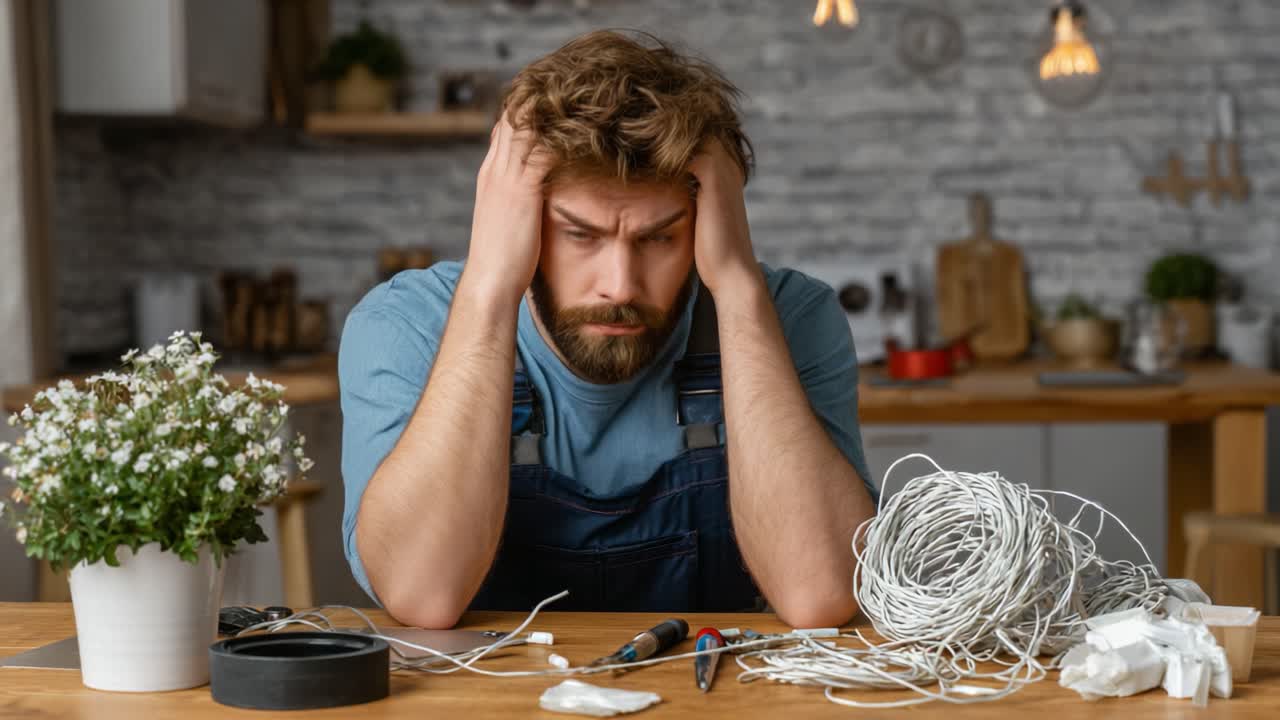 Struggling with Frustration: A Man's Battle Against a Tangle of Wires While Trying to Find Calm in a Chaotic Scene at Home
