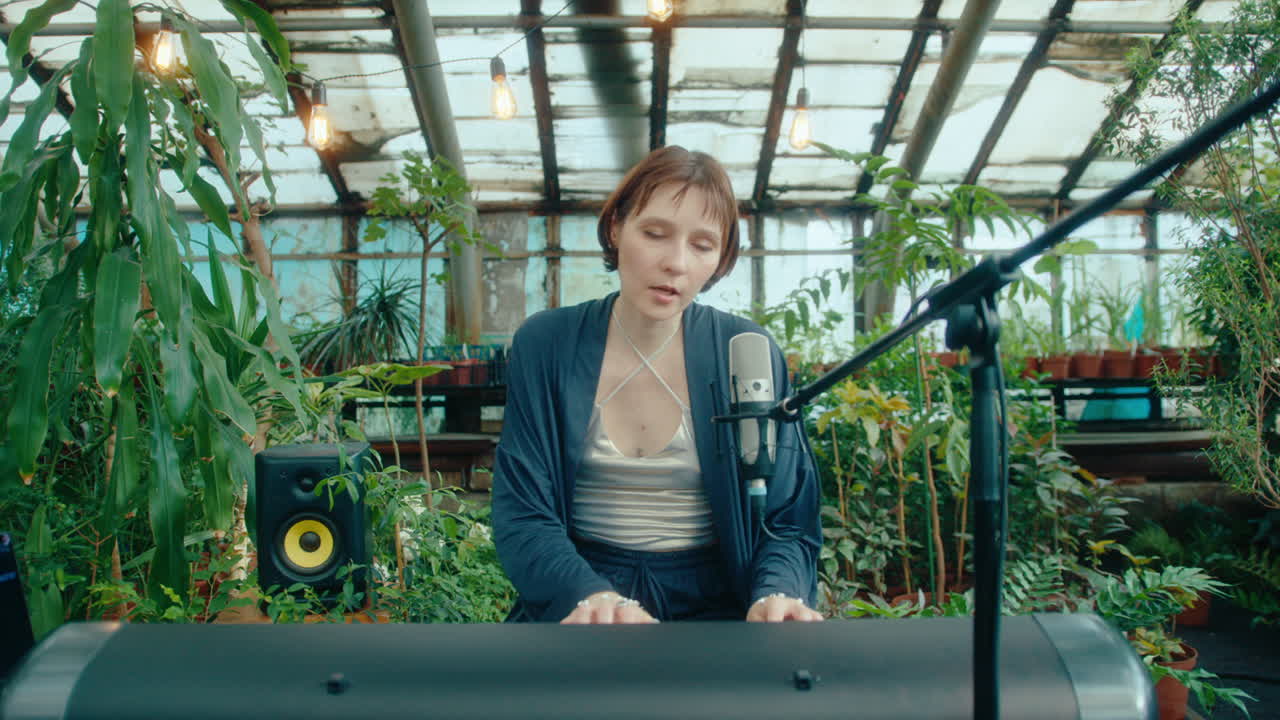 Female Music Artist Playing Keyboard and Singing on Camera in Greenhouse