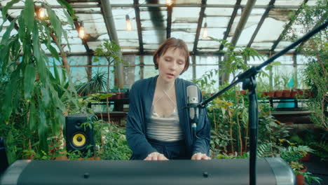 female music artist playing keyboard and singing on camera in greenhouse