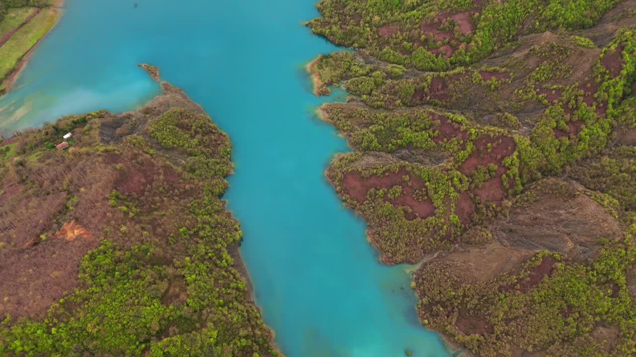 Aerial view of Bovila Lake in Tirana, Albania, with vibrant colors of nature