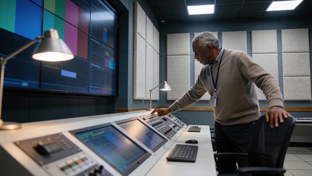 Techniker mit Ausweis passt im Kontrollraum Bedienelemente an, während Farbtestbilder auf einer Monitorwand angezeigt werden, mit Freiraum für Text.