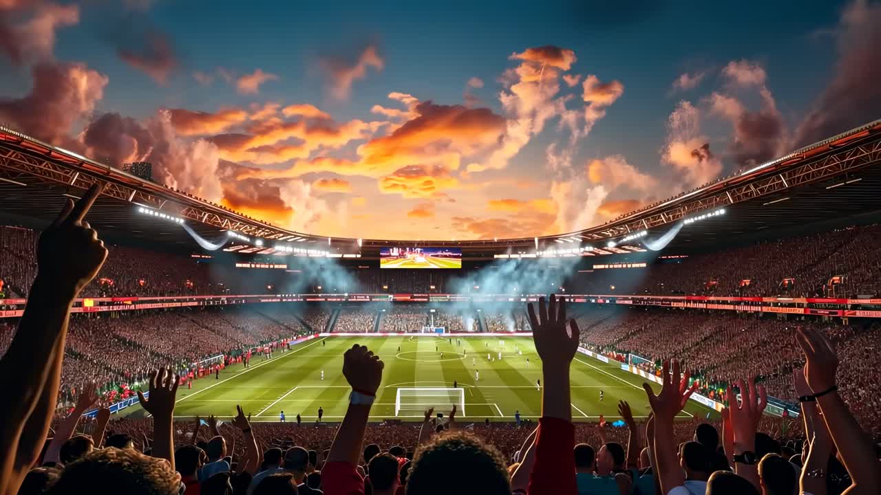 Wide-angle shot of a vibrant soccer stadium at sunset, capturing the excitement of cheering fans