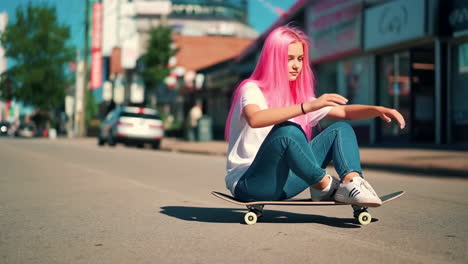 Girl with pink hair sitting on a skateboard in the city