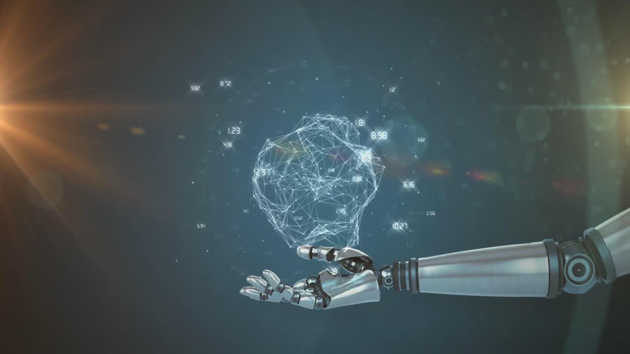 Animation of globe with connections over robot's arm on blue background