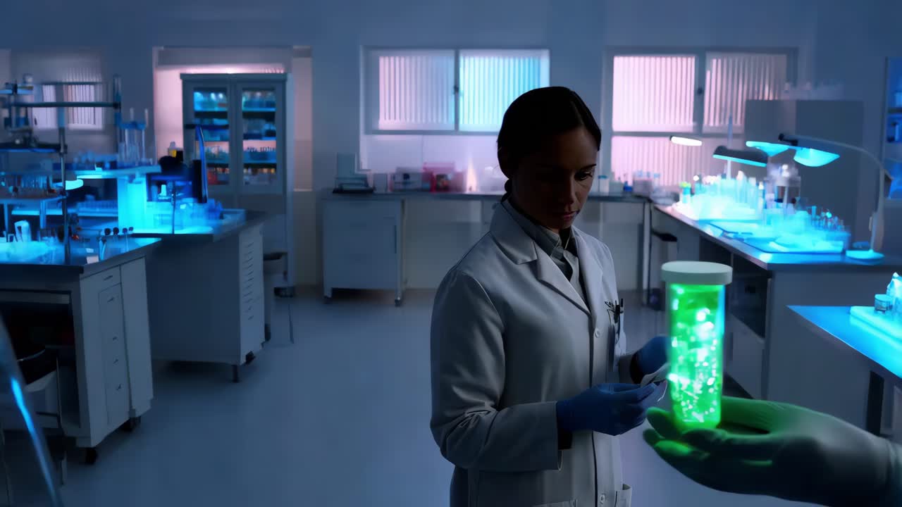 científico con un tubo de ensayo verde brillante en un laboratorio