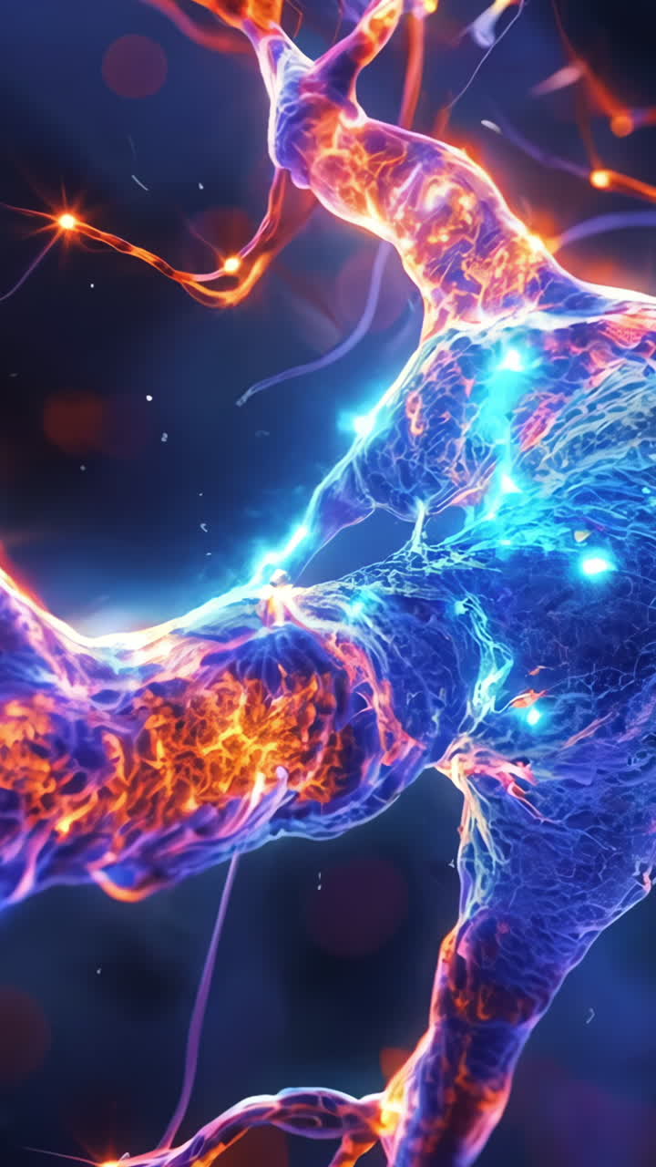 A colorful, glowing nerve cell with a blue and orange stem. Concept of wonder and fascination with the complexity of the human body and the intricacies of the nervous system