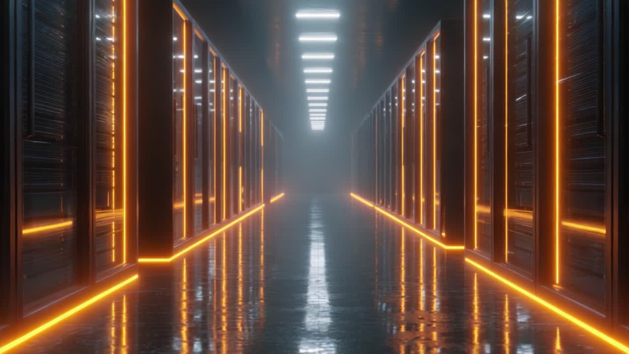 En futuristisk datacenterskorridor oplyst af neonlys, der viser rækker af højteknologiske serverracks reflekteret i et poleret gulv og indhyllet i tåge.