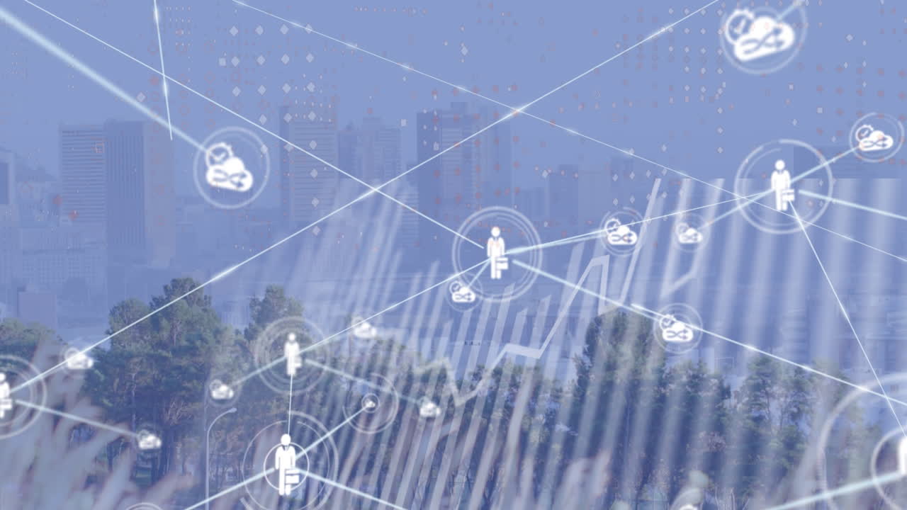 デジタルアイコンのネットワークのアニメーションと都市風景の空中映像