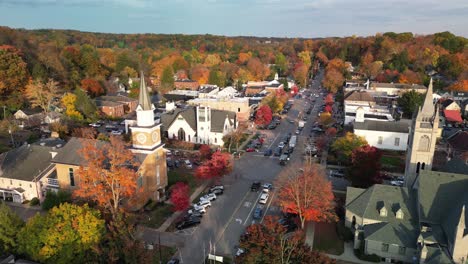 Aerial-view-of-downtown-Granville,-Ohio-churches-and-fall-foliage