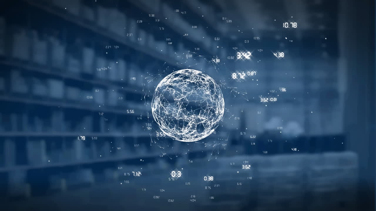 배경에 창고에 대해 회전하는 연결 네트워크의 세계