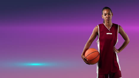 animation of female basketball player holding ball over glowing pink background