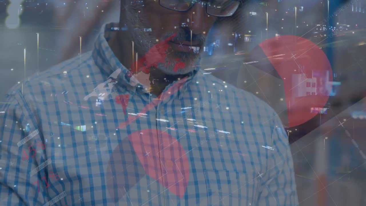 Animation of financial data processing over man working in warehouse