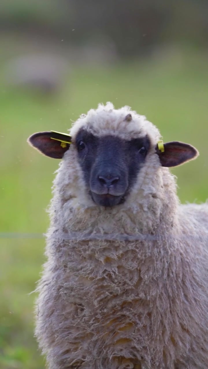 Primo piano verticale di una pecora dalla faccia nera che guarda direttamente la macchina fotografica in un prato verde.