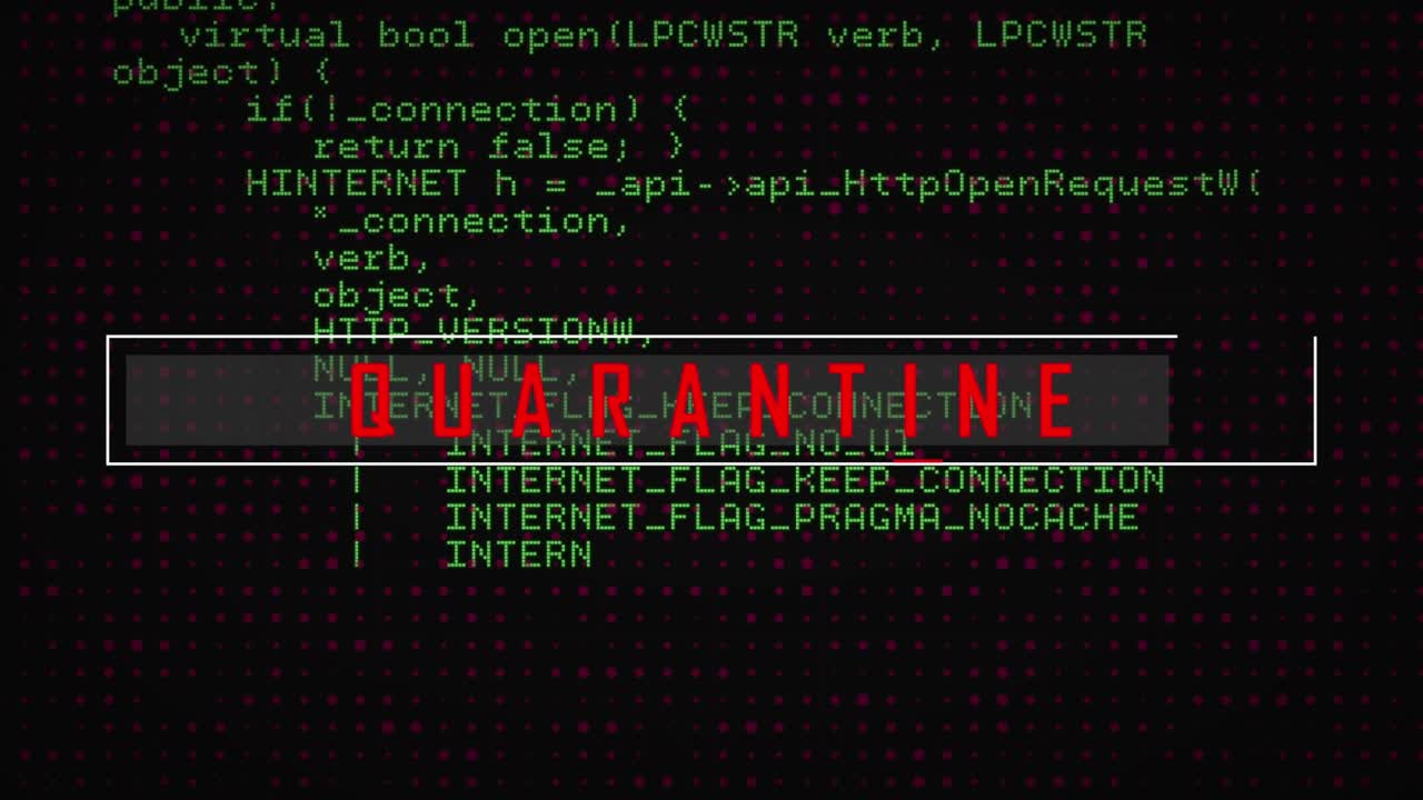 Unique digital video of quarantine text with computer coding in background