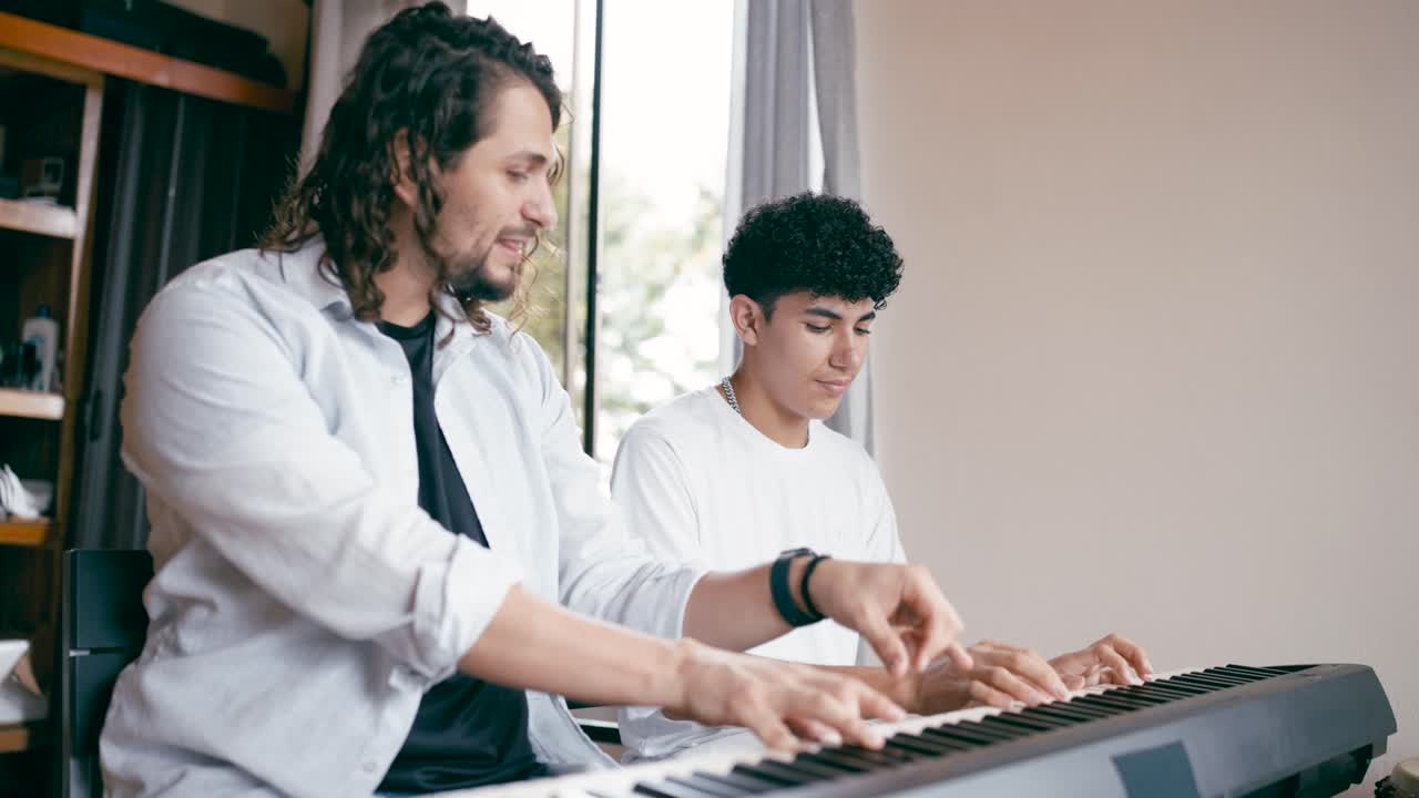 A music teacher giving a piano lesson to his student