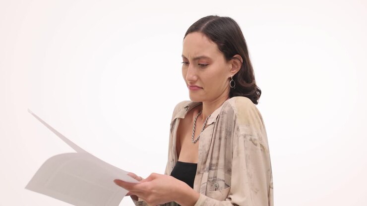 Woman reads a document with a displeased and disgusted expression on a white background