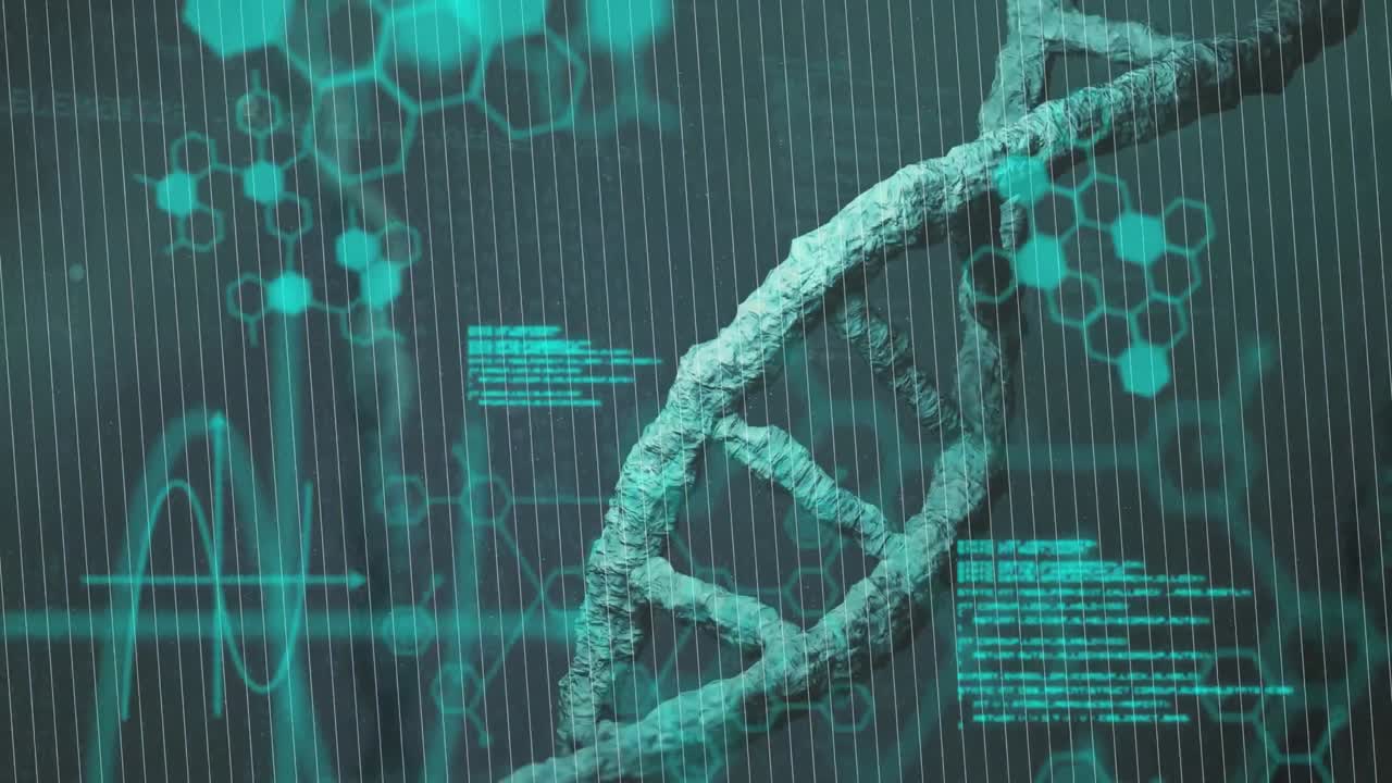Animation of spinning dna strand over data processing