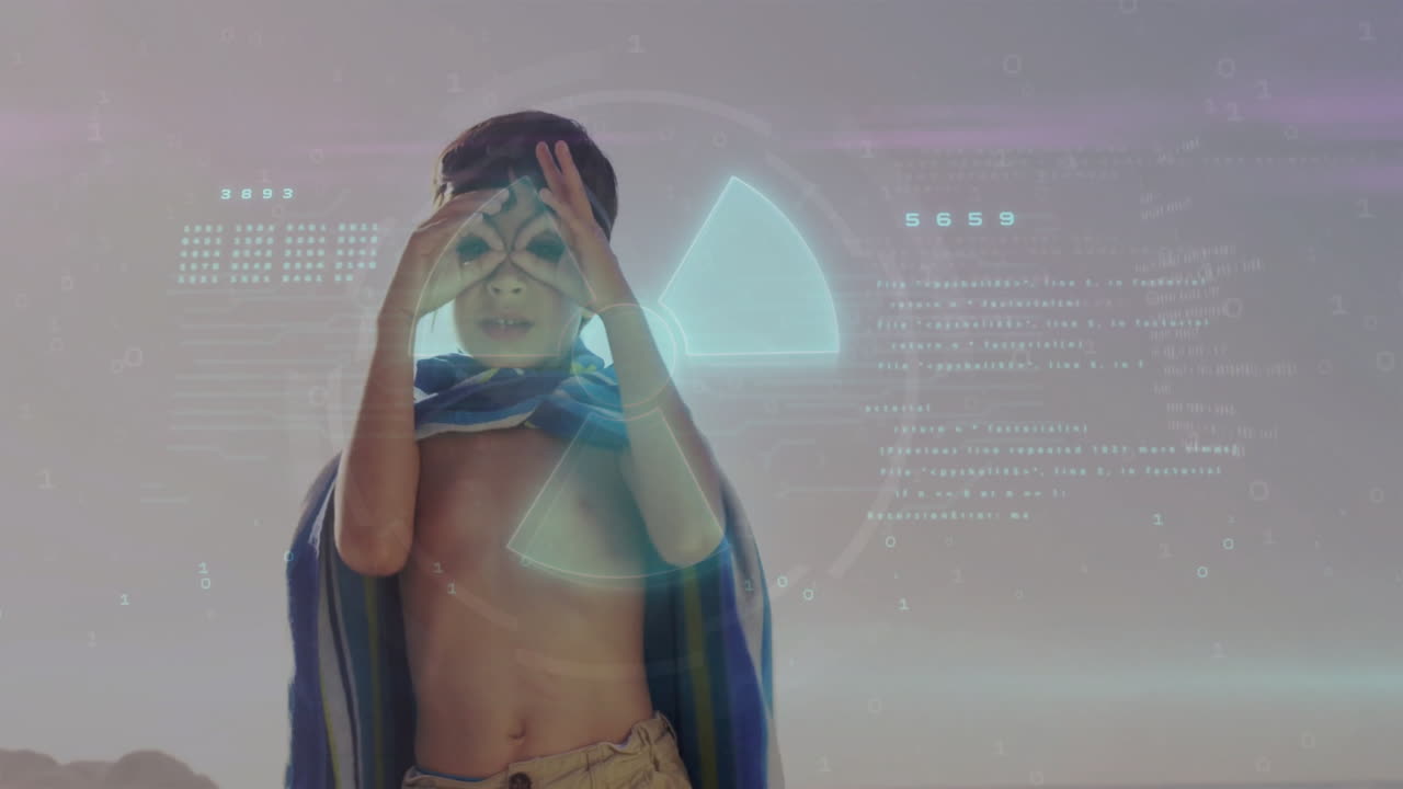 In school, child wearing cape adjusting goggles with animation holographic overlay