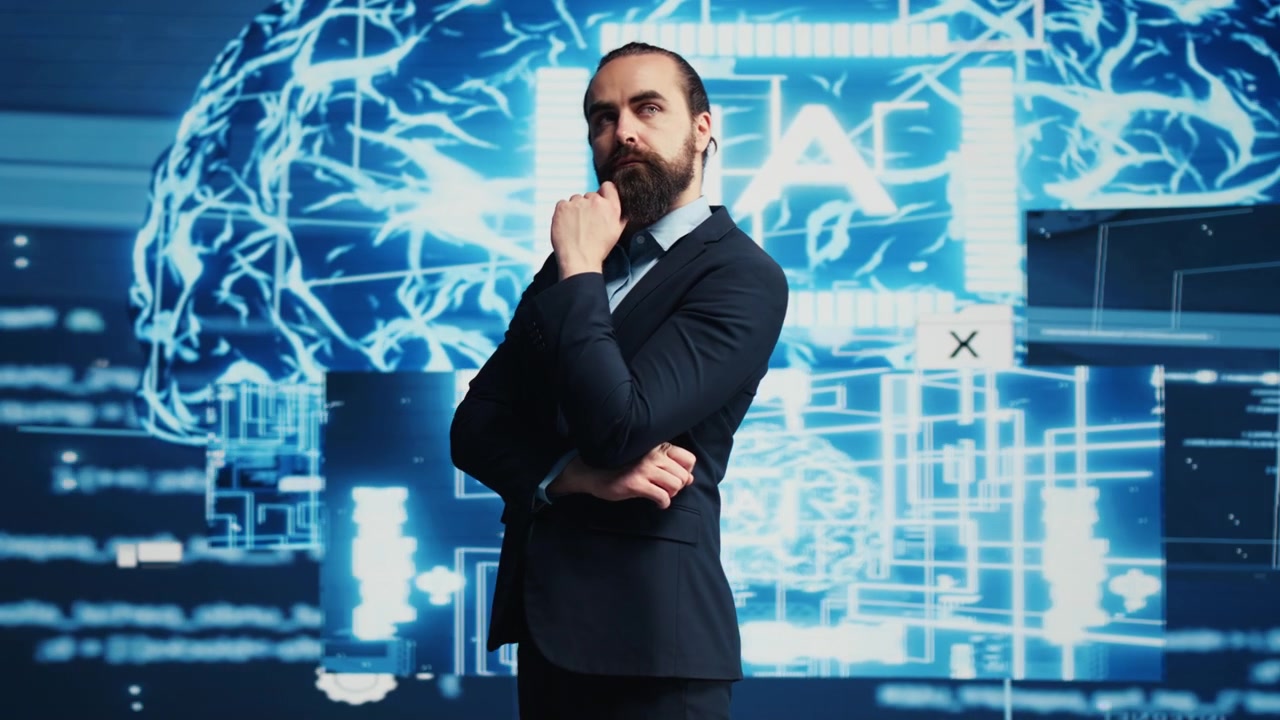 Businessman explores AI brain systems through machine learning