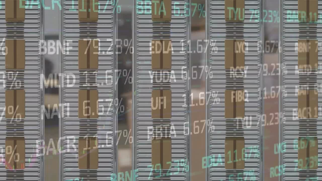 animación del procesamiento de datos financieros sobre cajas de cartón en cintas transportadoras