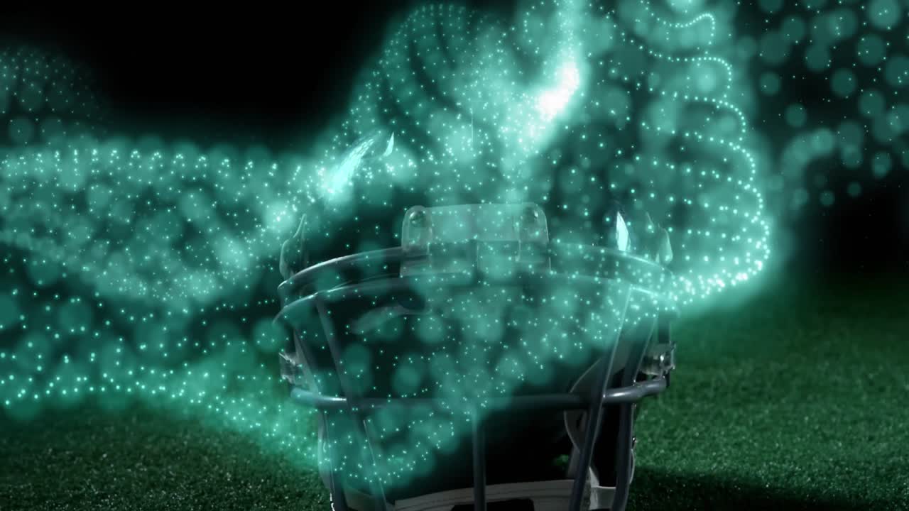 Animazione di una rete luminosa di molecole che si muove sopra un casco da football americano