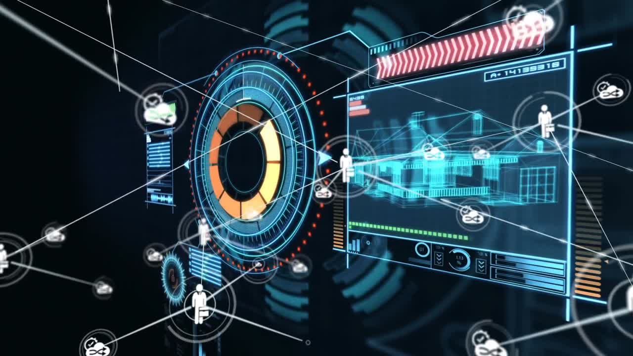 Network of digital icons against digital interface with data processing on black background