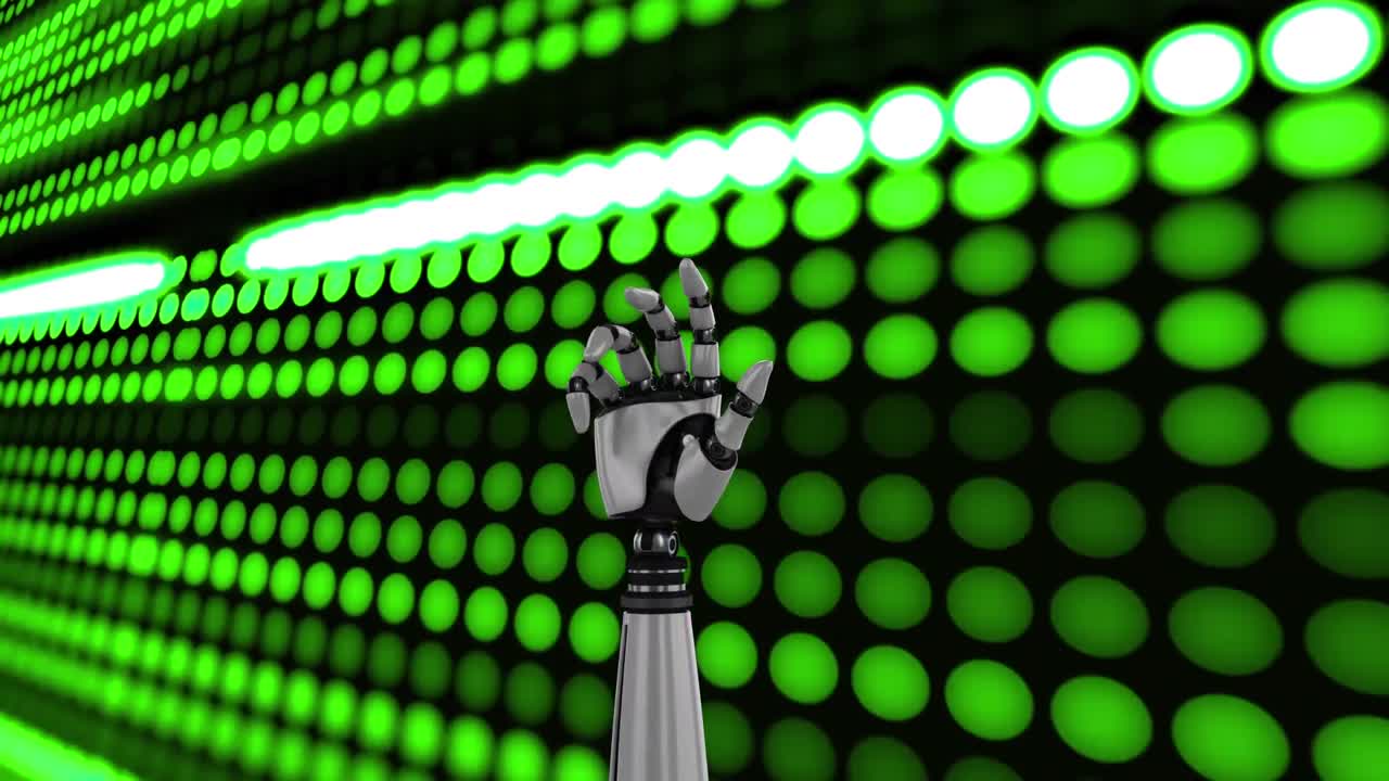 animación de la mano del robot girando con filas de luces led verdes en movimiento en el fondo