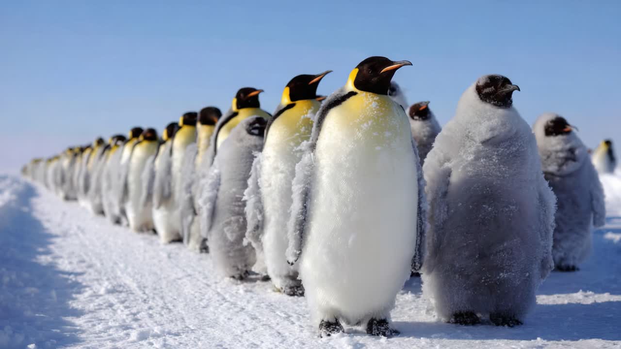 Emperor Penguins Marching in Formation Across the Snowy Terrain, Showcasing Their Distinctive Feathers and Warmth Against a Clear Blue Sky