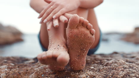relax, feet and woman barefoot in sand