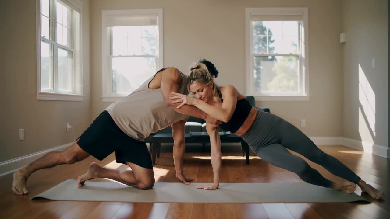 Vídeo vertical: Casal segurando os antebraços, fazendo prancha lateral para o core em um tapete em casa, com roupas esportivas.