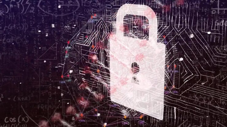 Animation of dna and digital padlock over diverse data and integrated circuit
