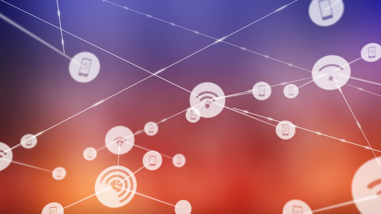 Animation of network of digital icons against blue and red gradient background