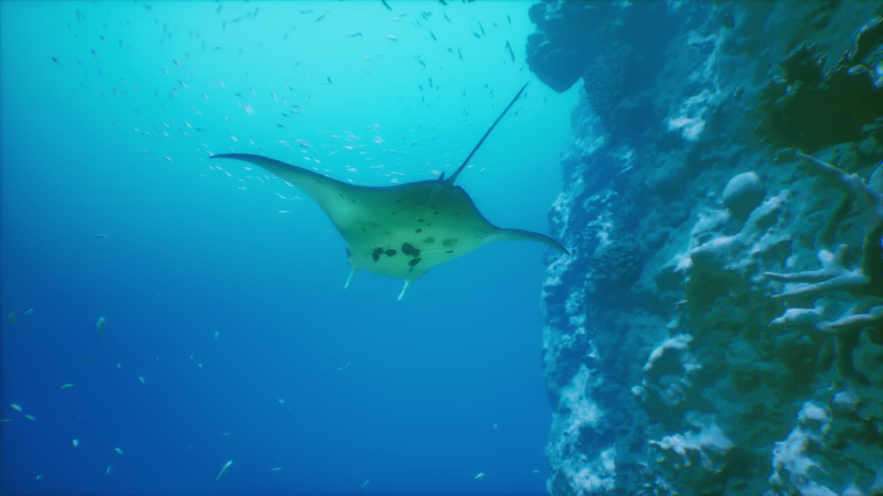 manta ray nadando con gracia cerca de un vibrante arrecife de coral en aguas turquesas