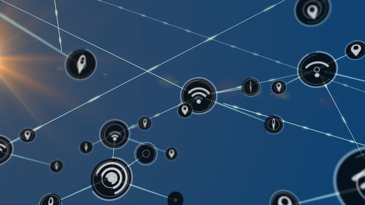 animación de una red de iconos digitales y un punto de luz amarillo sobre un fondo azul.